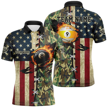 FUNSTUFFPRINT Billiards Ball 8 & Ball 9 Fire American Flag Custom Green Camo Men Polo Shirts, Billiard Attire Polo Shirt Size S-5XL