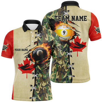 FUNSTUFFPRINT Billiards Ball 8 & Ball 9 Fire Canada Flag Custom Green Camo Men Polo Shirt Size S-5XL