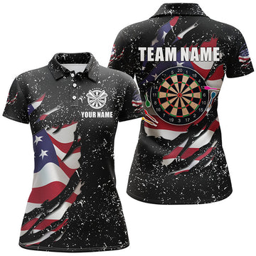 Custom Grunge US Flag Dartboard Polo Shirts For Women Custom Patriotic Darts Jerseys Attire