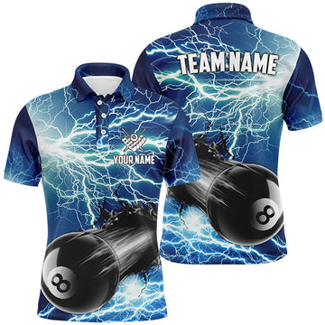 Custom Funny 8 Ball Pool Rush Out Custom Thunder Lightning Blue Men Polo Shirts, Best Billiard Team Shirts