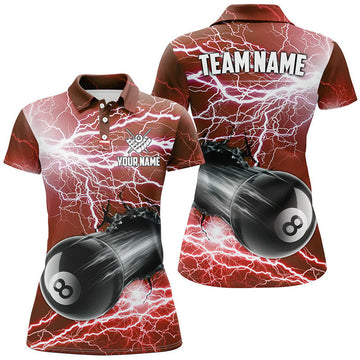 Custom Funny 8 Ball Pool Rush Out Custom Thunder Lightning Red Women Polo Shirts, Best Billiard Team Shirts