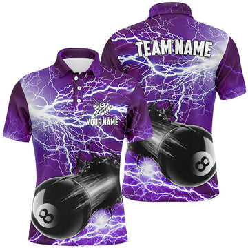 FUNSTUFFPRINT Funny 8 Ball Pool Rush Out Custom Thunder Lightning Purple Men Polo Shirt Best Billiard Team Shirts
