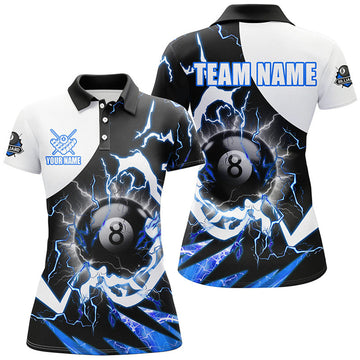 Custom Personalized 8 Ball Pool Women Billiard Polo Shirt Custom Lightning Thunder Blue Billiard Team Women Jersey