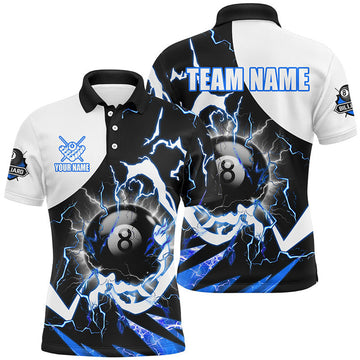 FUNSTUFFPRINT Personalized 8 Ball Pool Men Billiard Polo Shirt Custom Lightning Thunder Blue Billiard Polo Shirt Size S-5XL