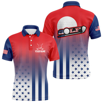 Personalized Patriotic US Flag Mens Golf Polo Shirts, Best 4Th Of July Golf Outfits For Men