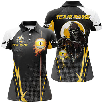 Custom Funny Death Skeleton Billiard Ball 9 Fire And Cue Custom Women Polo Shirts, Best 9 Ball Pool Jerseys