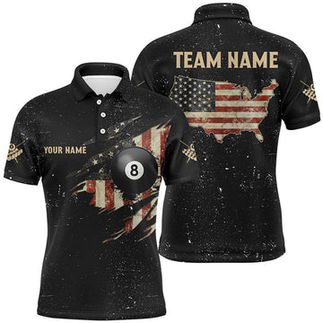 Personalized Grunge Retro USA Flag Billiard Men Polo Shirts, Patriotic Billiard Jerseys Uniform