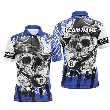 FUNSTUFFPRINT Personalized Blue Billiard Skull Holding 8 Ball Men Polo Shirt Size S-5XL