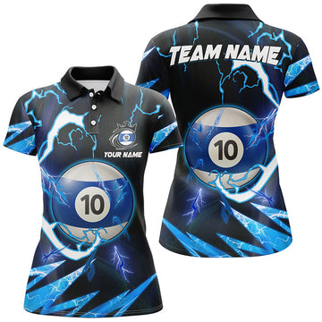 Custom Personalized Blue 10 Ball Pool Thunder Lighting Polo Shirts For Women Custom Billiard Team Shirts
