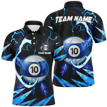FUNSTUFFPRINT Personalized Blue 10 Ball Pool Thunder Lighting Polo Shirt Size S-5XL