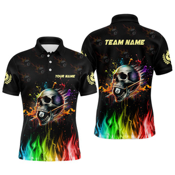 Custom Funny Billiard Colorful Skull Personalized Men Polo Shirts, Custom Team Name Billiard Attire