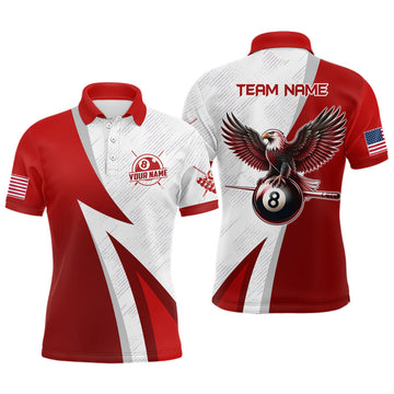 FUNSTUFFPRINT Personalized Red Billiards Pool Men Polo Shirts, 8 Ball Pool Eagle Billiard Polo Shirt Size S-5XL