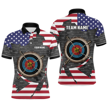 Custom Retro Archery 3d Target Personalized US Flag Polo Shirts For Men, Patriotic Archery Jerseys Shirts