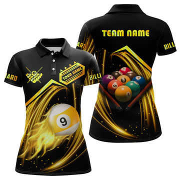 Custom Personalized Yellow 9 Ball Billiard Polo Shirts For Women Custom 9 Ball Team Shirts, Billiard Apparel