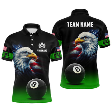 FUNSTUFFPRINT Personalized Black Green Billiard American Flag Eagle Men Polo Shirts, 3D 8 Ball Pool Polo Shirt Size S-5XL