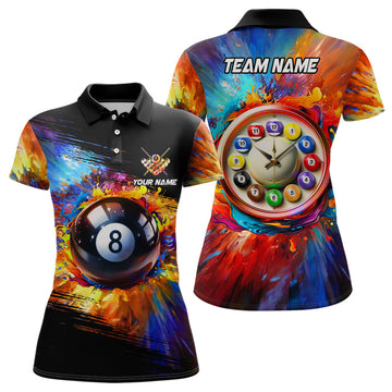 Custom Personalized Colorful Billiard Clock Shirts For Women, Custom Funny 8 Ball Pool Polo Shirts Design