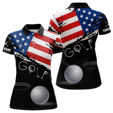 Custom Grunge American Flag Black Women Golf Polo Shirt Custom Patriotic 4Th Of July Golf Shirts, Golf Gift