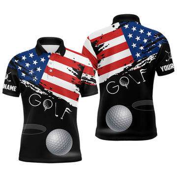 Custom Grunge American Flag Black Mens Golf Polo Shirt Custom Patriotic 4Th Of July Golf Shirts, Golf Gift