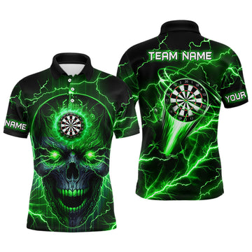 Personalized Green Darts Skull Men Polo Shirts Custom Lightning Thunder Team League Darts Jersey