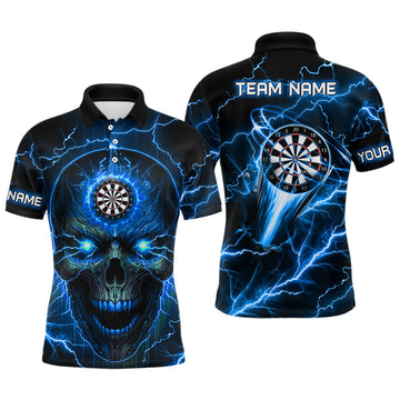 Personalized Blue Darts Skull Men Polo Shirts Custom Lightning Thunder Team League Darts Jersey
