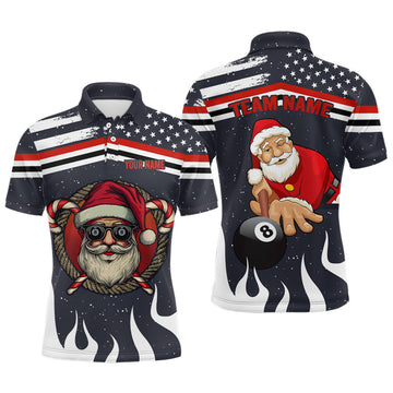 FUNSTUFFPRINT Personalized Funny Christmas Shirts Santa Playing Billiard Custom US Flag Fire Men Polo Shirt Size S-5XL