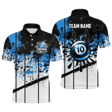 FUNSTUFFPRINT Personalized Billiard 10 Ball Grunge Style Men Polo Shirts, 10 Ball Pool Billiard Attire Polo Shirt Size S-5XL