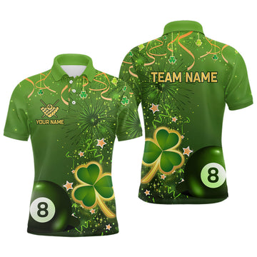 FUNSTUFFPRINT 3D 8 Ball Pool Luckiest Shamrock Men Billiard Polo Shirts Customized St Patrick Day Billiard Polo Shirt Size S-5XL