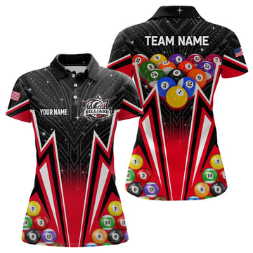 Customized Red 3D 8 Ball Billiard Jerseys Women Polo Shirts, 8 Ball Pool Team League Billiard Shirts