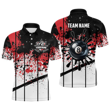 FUNSTUFFPRINT Personalized Billiard 8 Ball Grunge Style Men Polo Shirts, 8 Ball Pool Billiard Attire Polo Shirt Size S-5XL