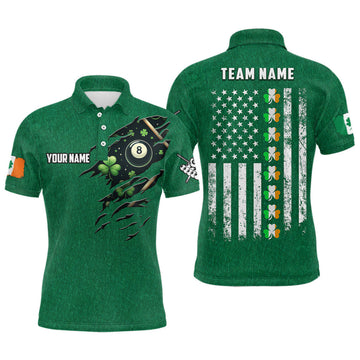 Custom St Patrick's Day American Flag Custom Men Billiard Polo Shirts, Green Patrick Billiard Shirts