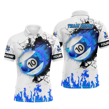 FUNSTUFFPRINT Personalized Blue Flaming 10 Ball Pool Billiard Polo Shirts For Men, 10 Ball Billiard Apparel Polo Shirt Size S-5XL