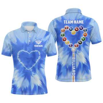 Personalized Blue Tie Dye With Heart Billiard Men Polo Shirts Custom Unique Billiard Shirts Gifts
