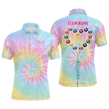 Personalized Colorful Tie Dye With Heart Billiard Men Polo Shirts, Unique Billiard Shirts Gifts
