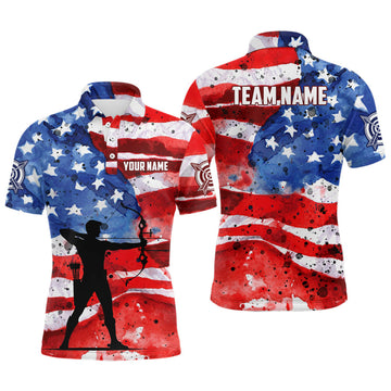 Personalized Vintage American Flag Men Archery Polo Shirts, Patriotic Archery Player Shirts