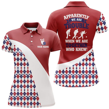 Custom Personalized Women Bowling Shirt Red Argyle Bowling Jersey with Name Ladies Bowling League Polo