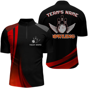 Custom Bowling Shirt for Men, Red & Black Bowling Jersey with Name League Bowling Quarter-Zip