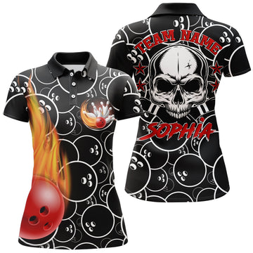 Custom Personalized Women Polo Flame Bowling Shirt Cool Skull Pins Black Bowling Short Sleeve Women Bowlers