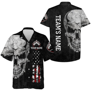 Custom Men Women Skull Hawaiian Bowling Shirt, Patriotic Custom Name Black Bowlers Jersey American Flag