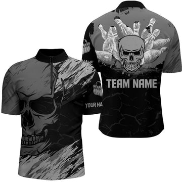 Custom Skull Bowling Quarter-Zip Shirt For Men Black Bowling Team Jersey Custom Bowling Jersey Shirt