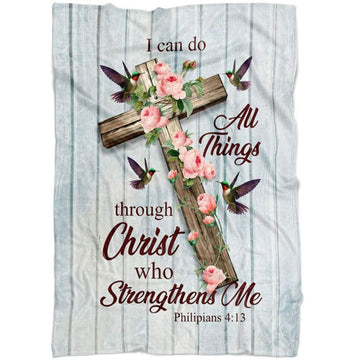 FUNSTUFFPRINT I Can Do All Things Through Christ Cross With Flowers Fleece Blanket - Christian Blanket - Bible Verse Blanket