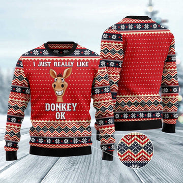 FUNSTUFFPRINT I Just Really Like Donkey Ok Ugly Christmas Sweater, Christmas Sweater, Ugly Sweater, Funny Xmas Sweaters Ugly Sweater