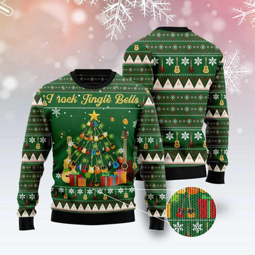 FUNSTUFFPRINT I Rock Jingle Bells Guita Christmas Tree Ugly Christmas Sweater, Xmas Tree Sweater, Christmas Sweater Ugly Sweater