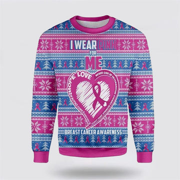 FUNSTUFFPRINT I Wear Pink For Me Breast Cancer Awareness Ugly Christmas Sweater – Christmas Gifts For Survivors Ugly Sweater