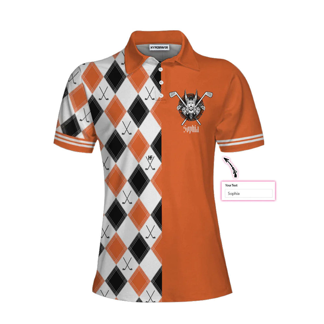 Custom Personalized Orange Argyle Pattern Golf Women Polo Shirt, In A World Full Of Princesses Be A Valkyrie & A Golfer Custom Short Sleeve Shirt