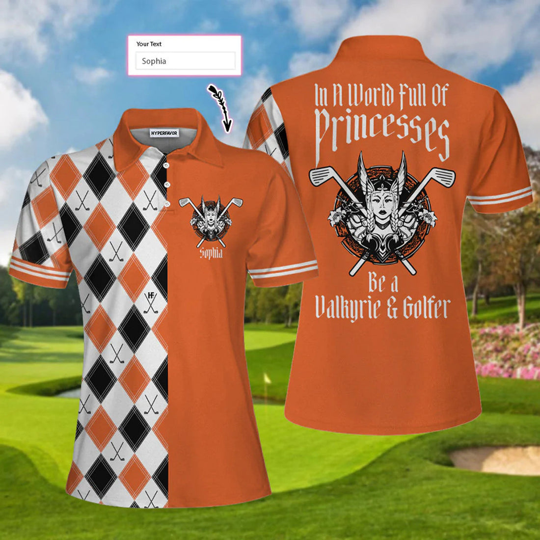 Custom Personalized Orange Argyle Pattern Golf Women Polo Shirt, In A World Full Of Princesses Be A Valkyrie & A Golfer Custom Short Sleeve Shirt