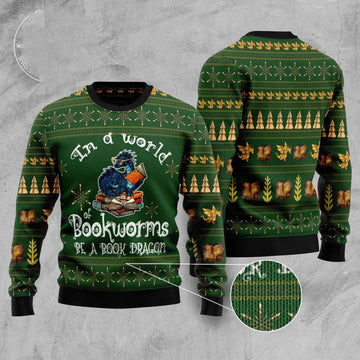 FUNSTUFFPRINT In A World Of Bookworms Be A Book Dragon Ugly Christmas Sweater, Christmas Sweater, Ugly Sweater, Funny Xmas Sweaters Ugly Sweater