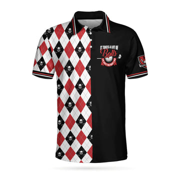 It Takes A Lot Of Balls Red Black And White Pattern Men Polo Shirt, Argyle Pattern Skull Golf Shirt For Men
