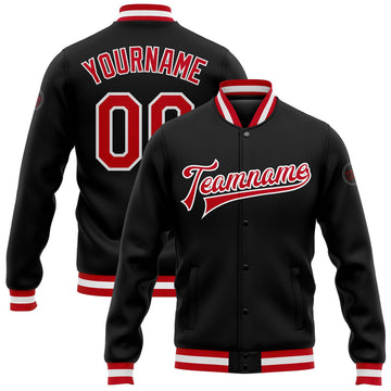 FUNSTUFFPRINT Custom Black Red-White Bomber Full-Snap Varsity Letterman Jacket 3D Baseball Jacket