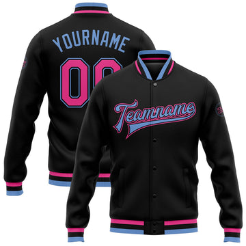 FUNSTUFFPRINT Custom Black Pink-Light Blue Bomber Full-Snap Varsity Letterman Jacket 3D Baseball Jacket