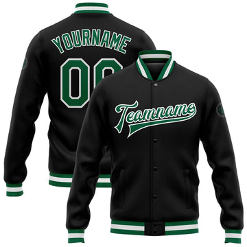 FUNSTUFFPRINT Custom Black Kelly Green-White Bomber Full-Snap Varsity Letterman Jacket 3D Baseball Jacket